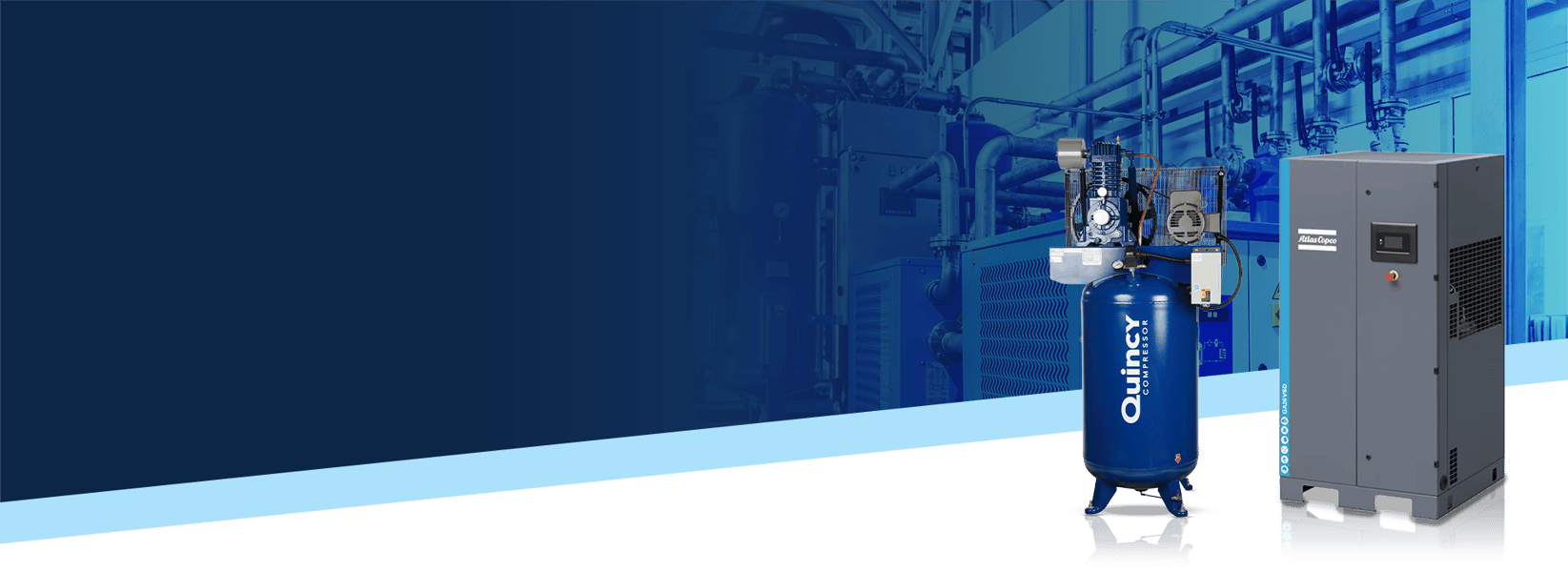 Full width blue background banner image with a Quincy reciprocating compressor and an Atlas Copco rotary screw compressor